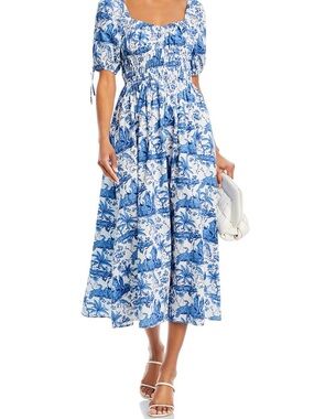 Aqua Blue and White Printed Midi Dress